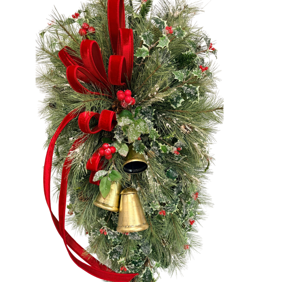 XL Designer Holly & Pine Bell Swag- Rustic Elegant Winter Front Door Decor, 40x25, Christmas Swag with Red Velvet Bow and Bells TCT Crafts
