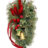XL Designer Holly & Pine Bell Swag- Rustic Elegant Winter Front Door Decor, 40x25, Christmas Swag with Red Velvet Bow and Bells TCT Crafts