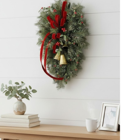 XL Designer Holly & Pine Bell Swag- Rustic Elegant Winter Front Door Decor, 40x25, Christmas Swag with Red Velvet Bow and Bells TCT Crafts