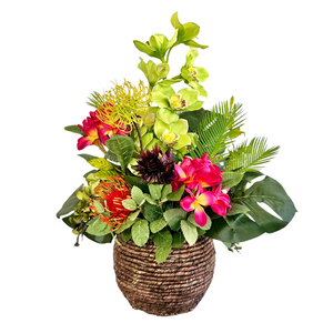 Exotic Plumeria Artificial Arrangement in Woven Basket, Vibrant 24x17 Tropical Decor Centerpiece for Home & Events