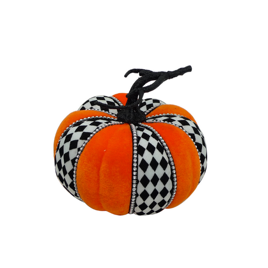 6” Velvet Harlequin Pumpkin – Orange & Black Diamond Halloween Decor with Rhinestone Trim Liberty Floral