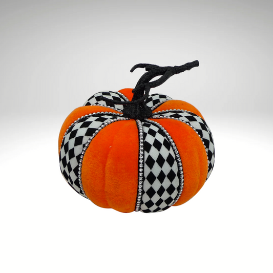 6” Velvet Harlequin Pumpkin – Orange & Black Diamond Halloween Decor with Rhinestone Trim Liberty Floral