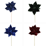 20" Velvet Poinsettia Stems | Holiday Floral Picks | Available in Green, Burgundy, Royal Blue, Midnight Blue Direct Export