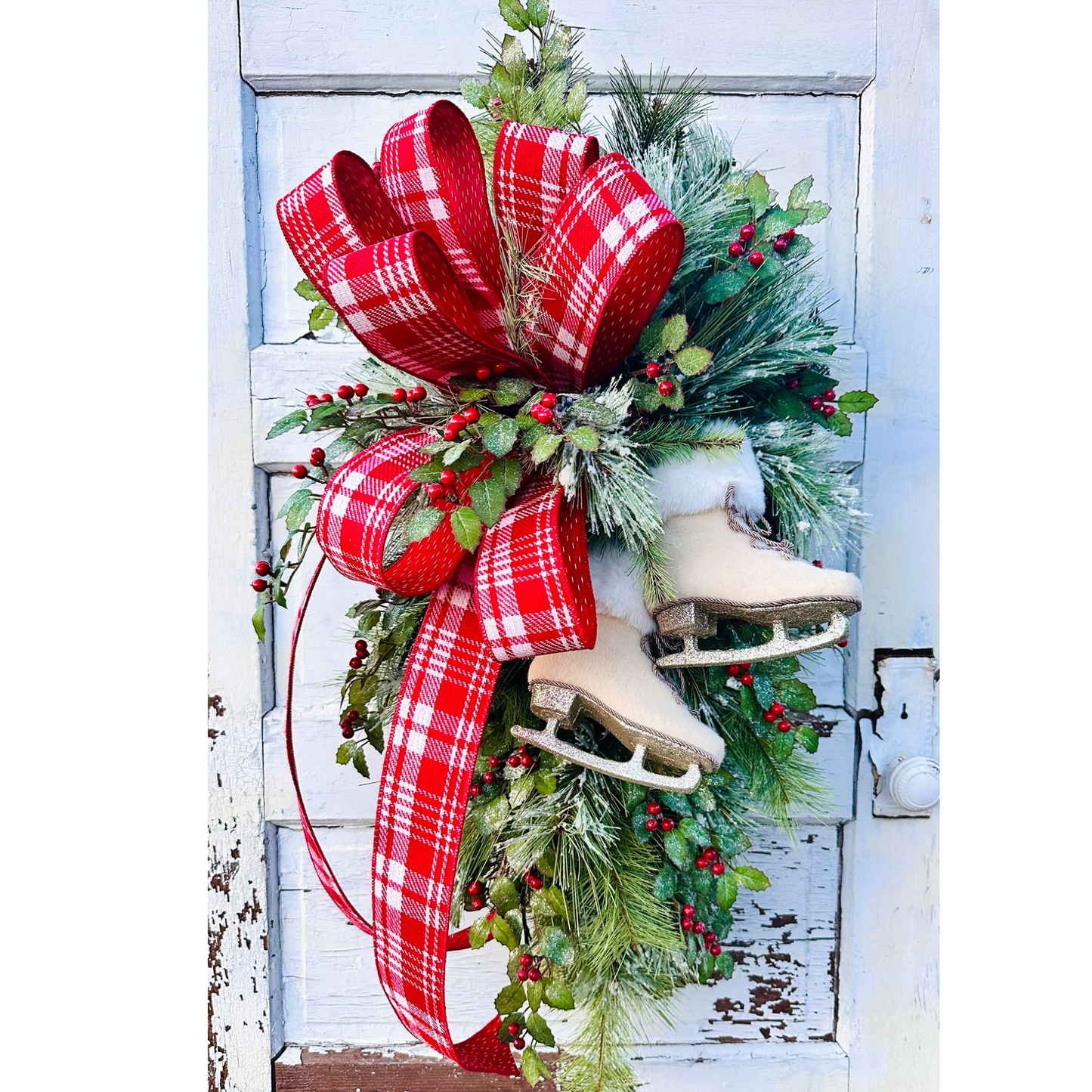 Ice Skate Christmas Swag with Red Plaid Bow | Large Holiday Door Decor TCT Crafts