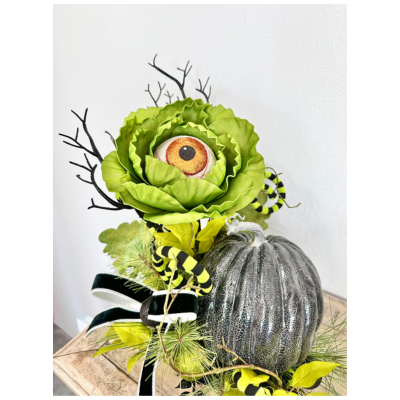Fun and Whimsical Halloween Arrangement | 19"x17" | Unique Decor with Eyeball Flower, Glitter Pumpkin, and Ribbon by TCT Crafts TCT Crafts