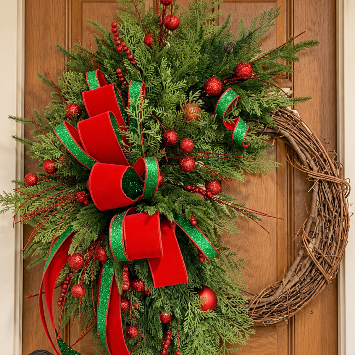 Large Whimsical Red & Green Christmas Grapevine Wreath – 36" TCT Crafts Designs & Decor