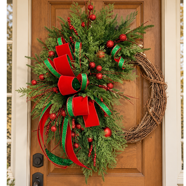 Large Whimsical Red & Green Christmas Grapevine Wreath – 36" TCT Crafts Designs & Decor