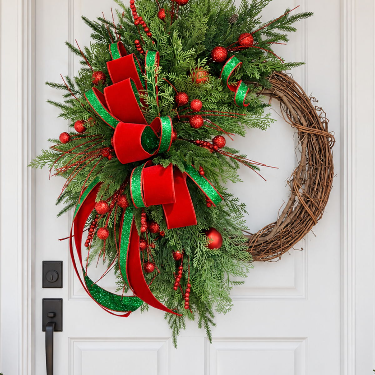 Large Whimsical Red & Green Christmas Grapevine Wreath – 36" TCT Crafts Designs & Decor