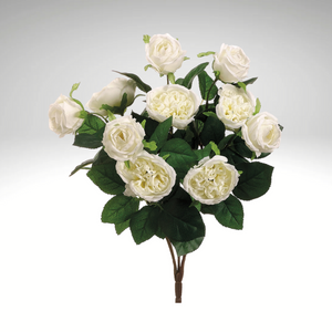 16" Artificial Cream Cabbage Rose Bush | Faux Floral Stem with 10 Flower Heads