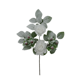 18" White Rose Berry Spray – Flocked Artificial Rose Stem for Holiday Arrangements-83754-WT Golden Bell