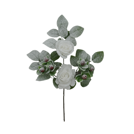 18" White Rose Berry Spray – Flocked Artificial Rose Stem for Holiday Arrangements-83754-WT Golden Bell