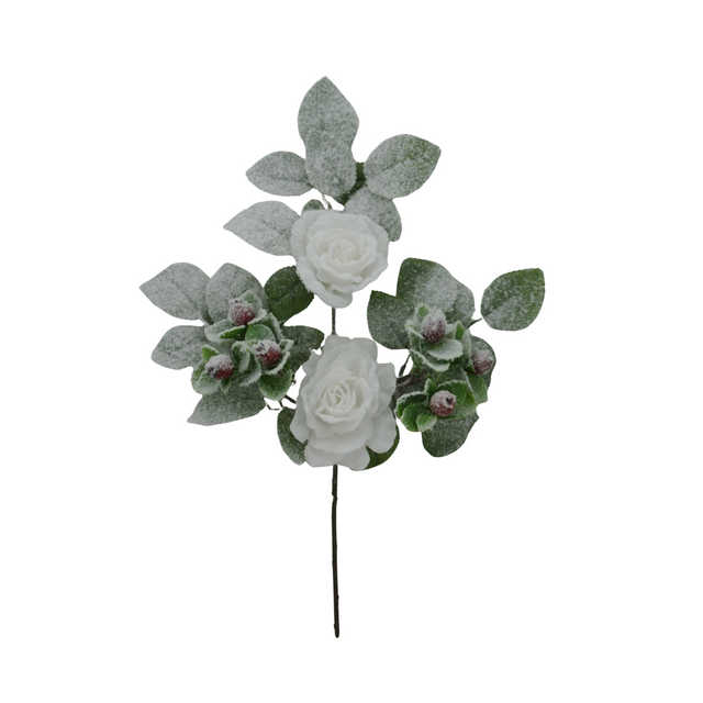 18" White Rose Berry Spray – Flocked Artificial Rose Stem for Holiday Arrangements-83754-WT Golden Bell