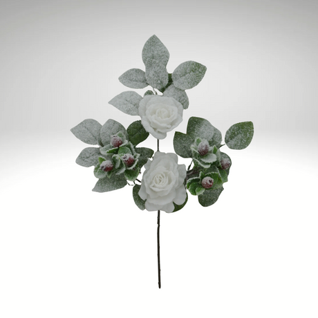 18" White Rose Berry Spray – Flocked Artificial Rose Stem for Holiday Arrangements-83754-WT Golden Bell