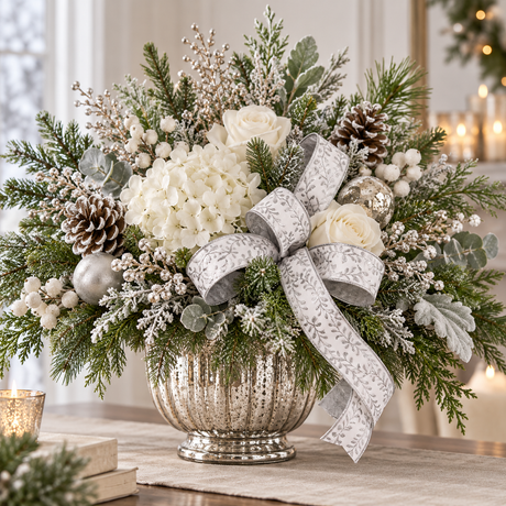 D'Lux White Silver Foil Leaf Ribbon | Wired Christmas Wreath Ribbon | 1.5" x 10yd-LX314127 Craig Bachman