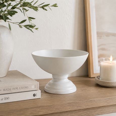 White Metal Compote Bowl — 8 Inch Matte White Pedestal Floral Container-72809-01 Pioneer Imports