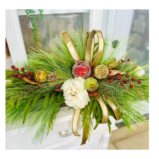 Williamsburg Christmas Centerpiece – 36x14 Beaded Fruit & Peony Holiday Arrangement in Wood Tray TCT Crafts