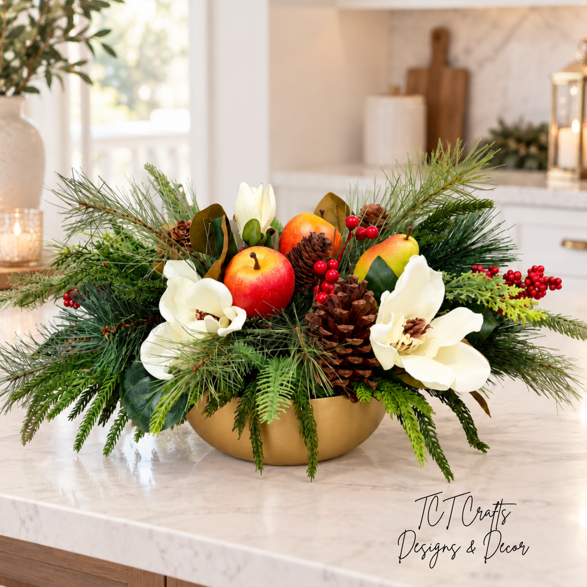 Williamsburg Winter Fruit Magnolia Arrangement - Gold Bowl-2192 TCT Crafts Designs & Decor