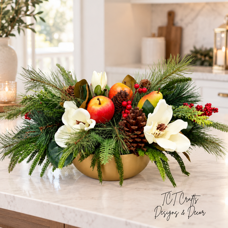 Williamsburg Winter Fruit Magnolia Arrangement - Gold Bowl-2192 TCT Crafts Designs & Decor
