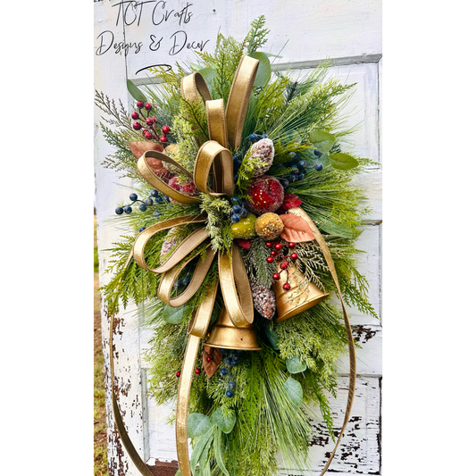 Williamsburg Christmas Swag with Gold Bells & Glittered Fruit – Elegant Holiday Door Decoration 40x24 TCT Crafts