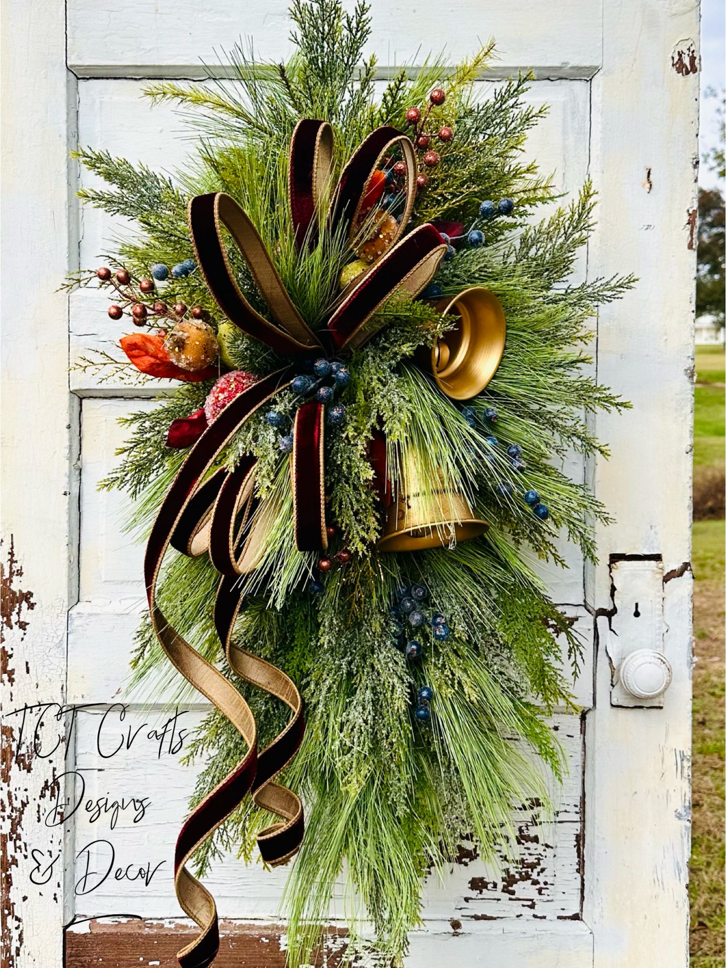 Williamsburg Christmas Swag with Gold Bells & Glittered Fruit – Elegant Holiday Door Decoration 40x24 TCT Crafts