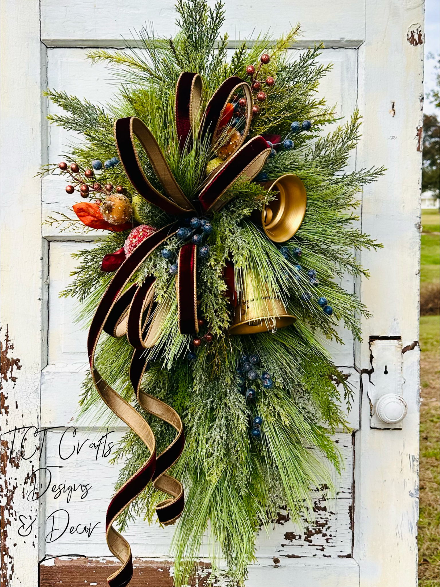 Williamsburg Christmas Swag with Gold Bells & Glittered Fruit – Elegant Holiday Door Decoration 40x24 TCT Crafts