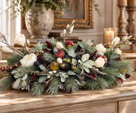 Designer Christmas Centerpiece | Magnolia Pomegranate Pine Arrangement | 34"Lx16"Hx18"W-2200 TCT Crafts Designs & Decor
