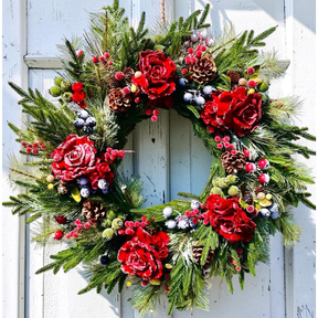 Williamsburg Themed Red Snowy Rose & Mixed Fruit Christmas Wreath | 30" Winter Grapevine Wreath TCT Crafts