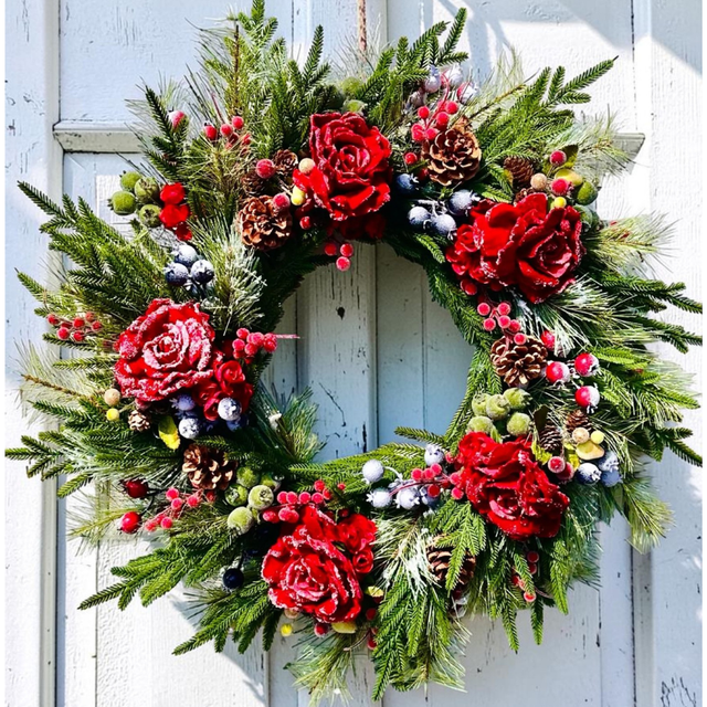 Williamsburg Themed Red Snowy Rose & Mixed Fruit Christmas Wreath | 30" Winter Grapevine Wreath TCT Crafts