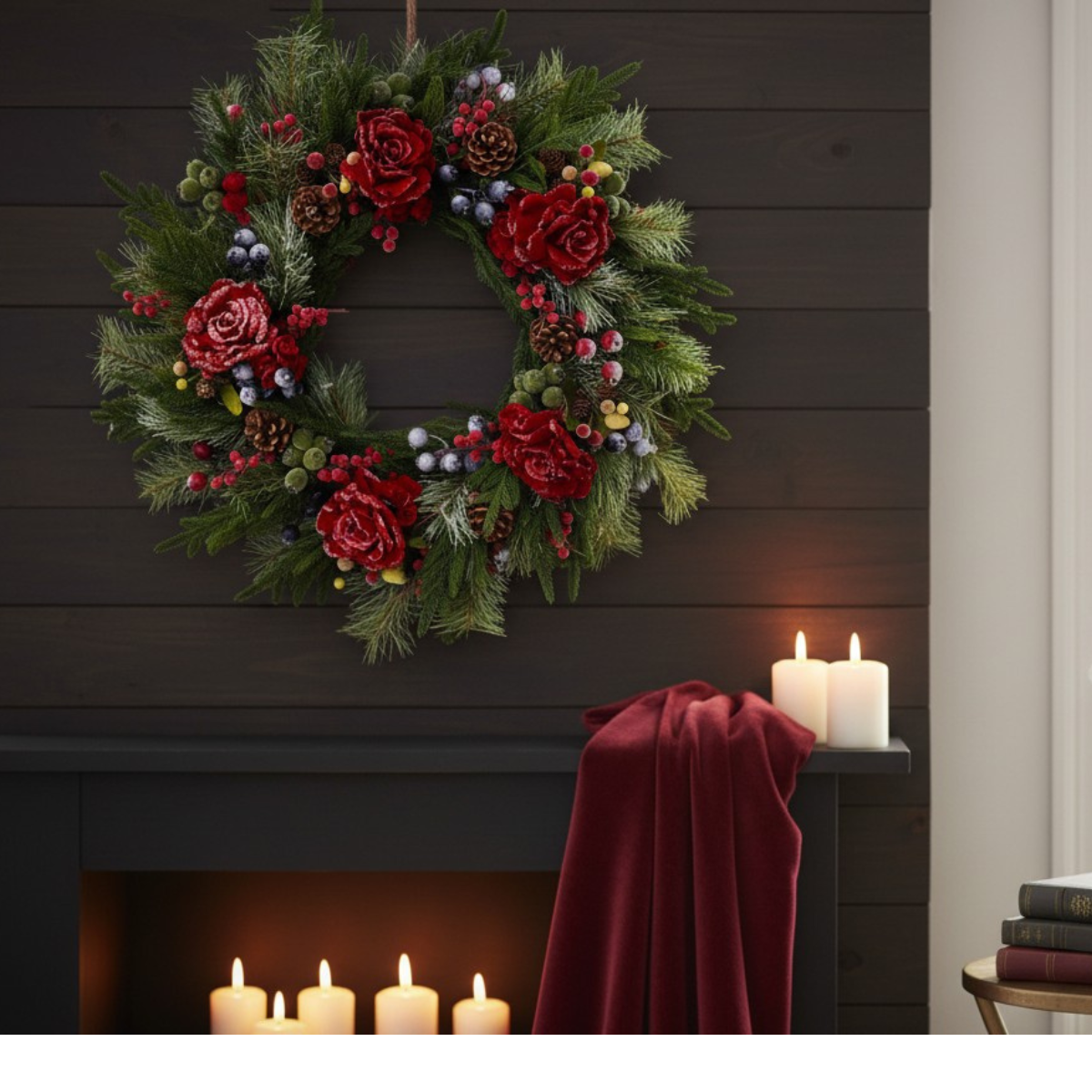 Williamsburg Themed Red Snowy Rose & Mixed Fruit Christmas Wreath | 30" Winter Grapevine Wreath TCT Crafts