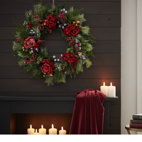 Williamsburg Themed Red Snowy Rose & Mixed Fruit Christmas Wreath | 30" Winter Grapevine Wreath TCT Crafts