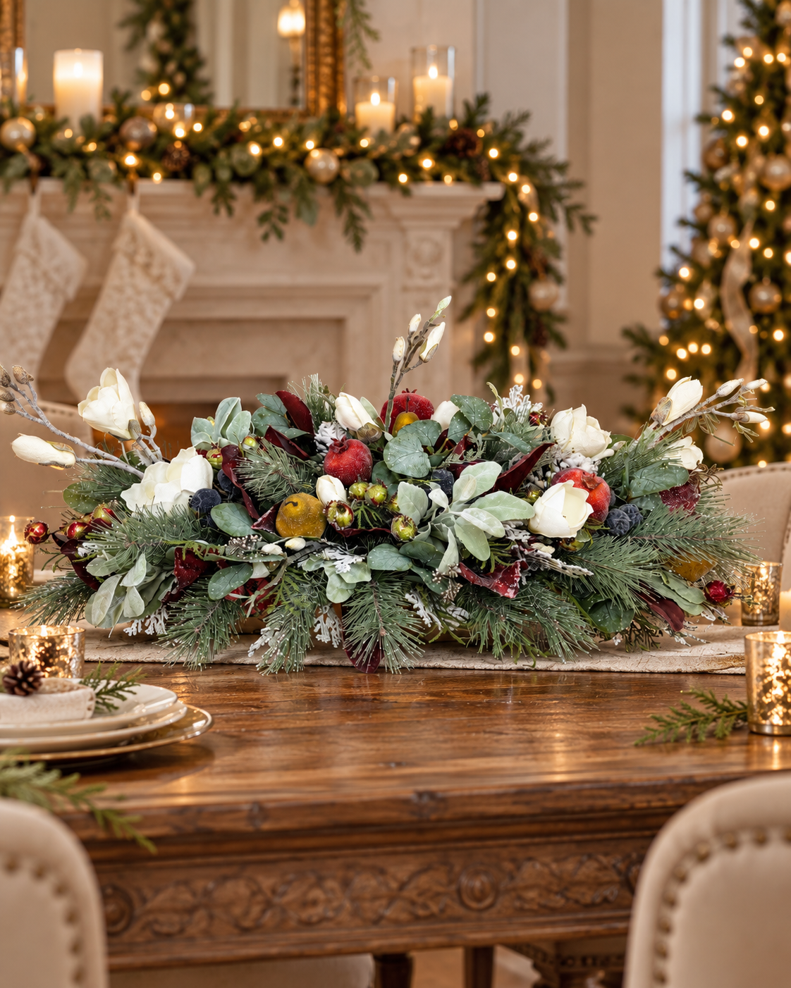 Designer Christmas Centerpiece | Magnolia Pomegranate Pine Arrangement | 34"Lx16"Hx18"W-2200 TCT Crafts Designs & Decor
