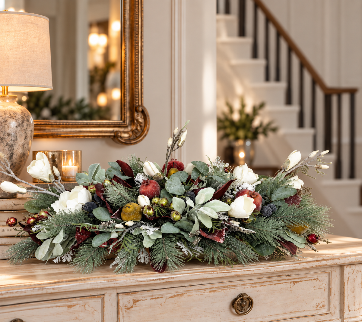 Designer Christmas Centerpiece | Magnolia Pomegranate Pine Arrangement | 34"Lx16"Hx18"W-2200 TCT Crafts Designs & Decor