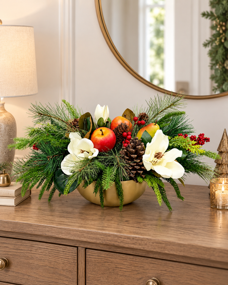 Williamsburg Winter Fruit Magnolia Arrangement - Gold Bowl-2192 TCT Crafts Designs & Decor