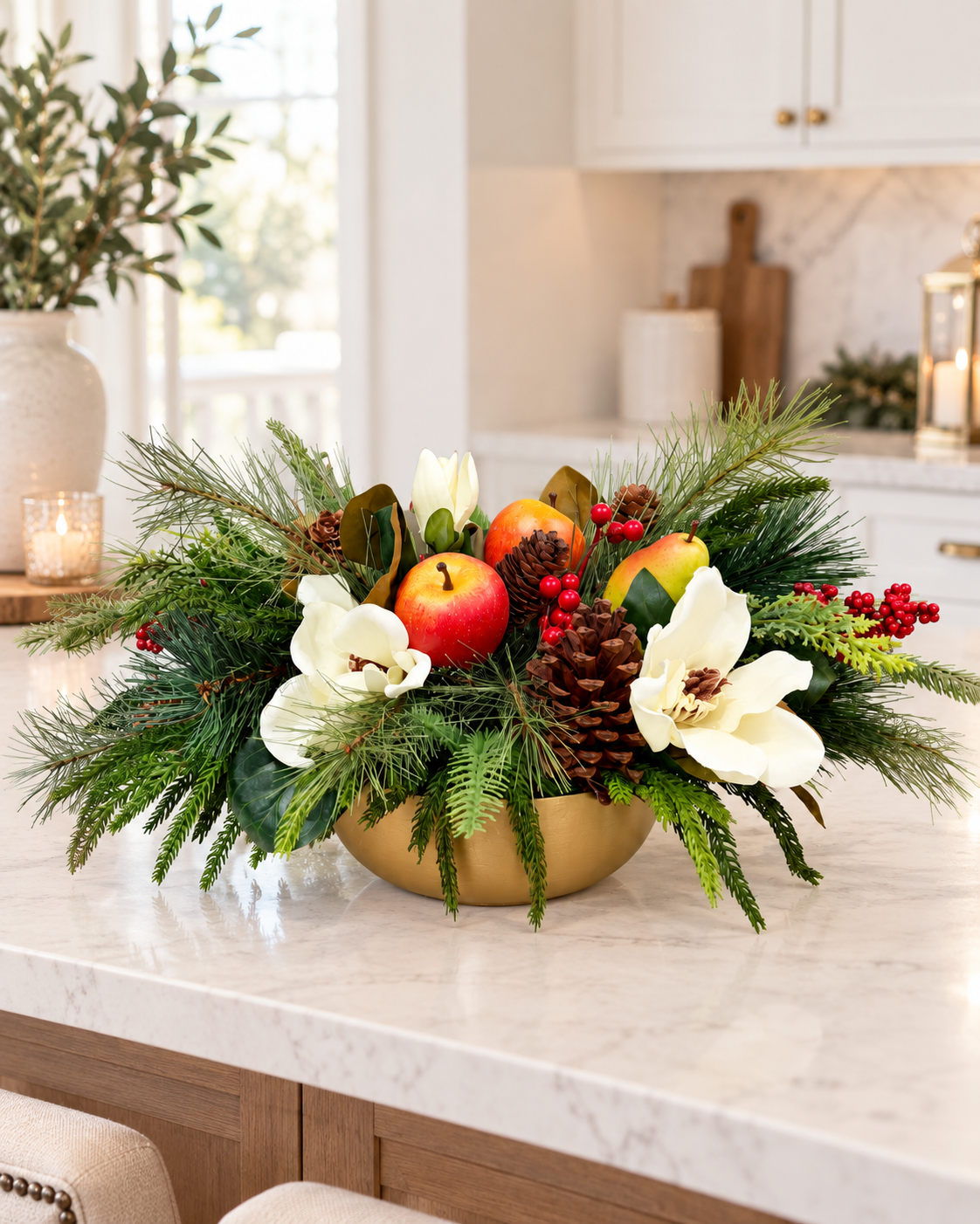 Williamsburg Winter Fruit Magnolia Arrangement - Gold Bowl-2192 TCT Crafts Designs & Decor