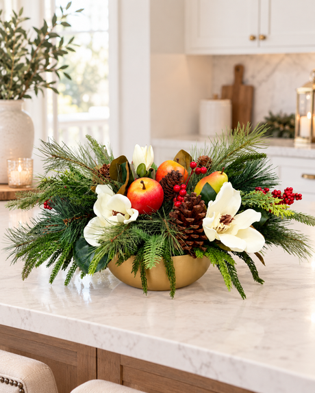 Williamsburg Winter Fruit Magnolia Arrangement - Gold Bowl-2192 TCT Crafts Designs & Decor