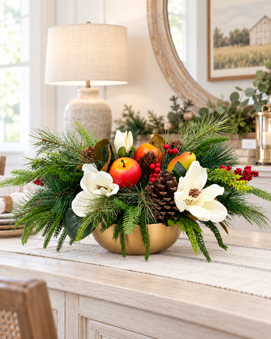 Williamsburg Winter Fruit Magnolia Arrangement - Gold Bowl-2192 TCT Crafts Designs & Decor