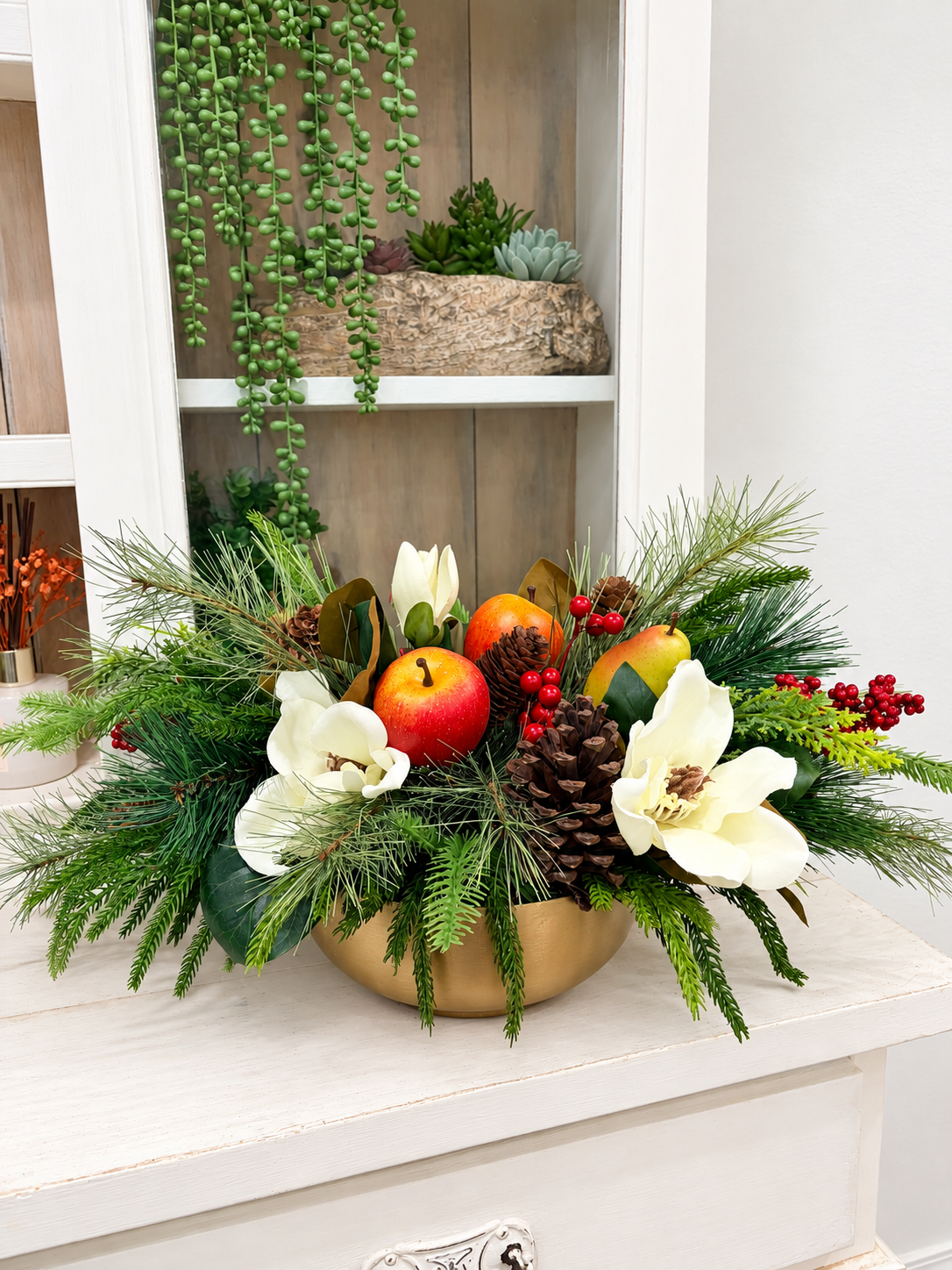 Williamsburg Winter Fruit Magnolia Arrangement - Gold Bowl-2192 TCT Crafts Designs & Decor