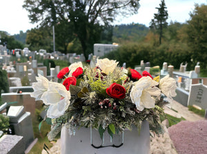 Christmas Cemetery Decoration - Elegant Winter Tombstone Hugger with Red and White Flowers - Memorial Floral Arrangement by TCT Crafts