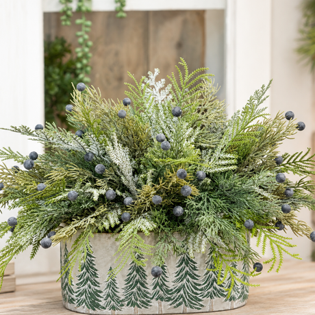 Snowy Fern & Juniper Winter Arrangement in Green Tree Cement Planter-2211 TCT Crafts