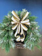 Load image into Gallery viewer, Elegant Winter Artificial Pine Grapevine Wreath - Holiday Door Decor with White Velvet and Gold Bow - Festive Home Decoration- TCT Crafts