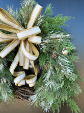 Load image into Gallery viewer, Elegant Winter Artificial Pine Grapevine Wreath - Holiday Door Decor with White Velvet and Gold Bow - Festive Home Decoration- TCT Crafts