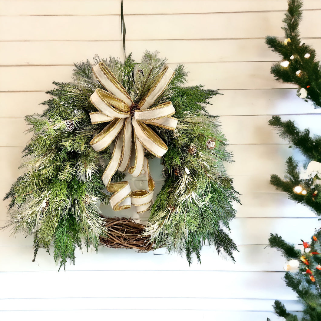 Elegant Winter Artificial Pine Grapevine Wreath - Holiday Door Decor with White Velvet and Gold Bow - Festive Home Decoration- TCT Crafts