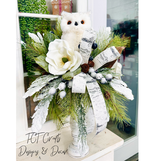 Winter Snow Owl Magnolia Candlestick Arrangement – Frosted Pine & Birch Ribbon Centerpiece | 26"x18" TCT Crafts