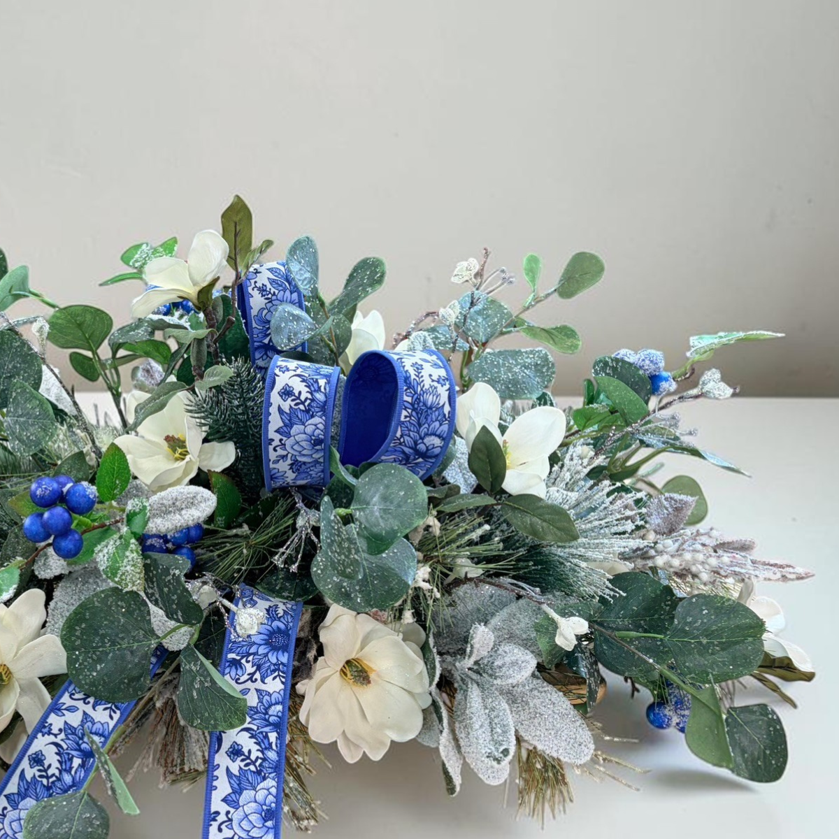 Blue White Silver Magnolia Winter Christmas Centerpiece TCT Crafts