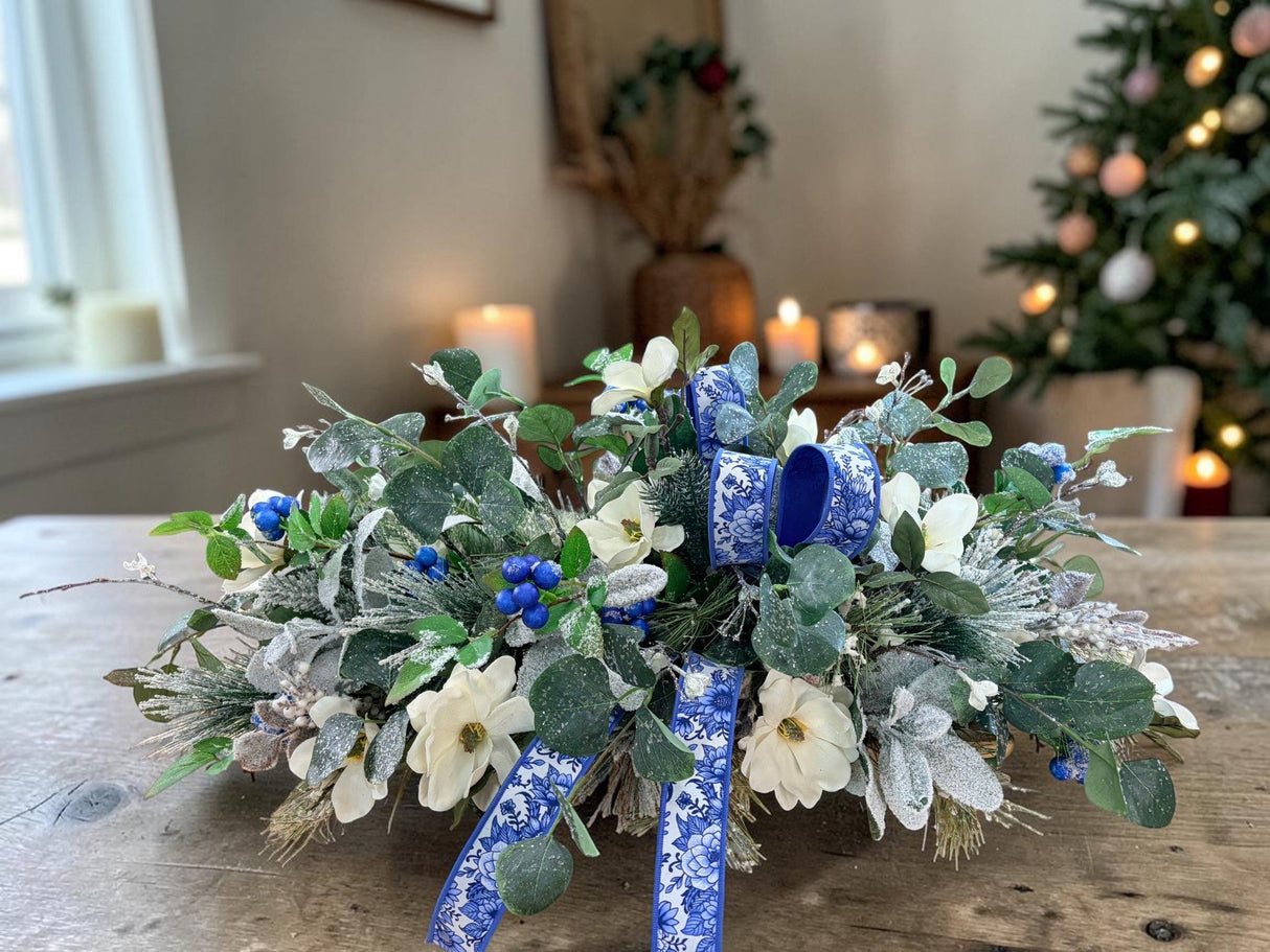 Blue White Silver Magnolia Winter Christmas Centerpiece TCT Crafts