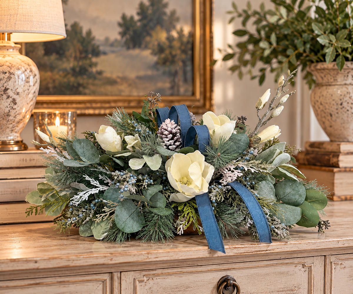 Designer Blue Magnolia Centerpiece | Pine Cedar Eucalyptus Arrangement | 24"Lx14"Hx16"W-2201 TCT Crafts Designs & Decor