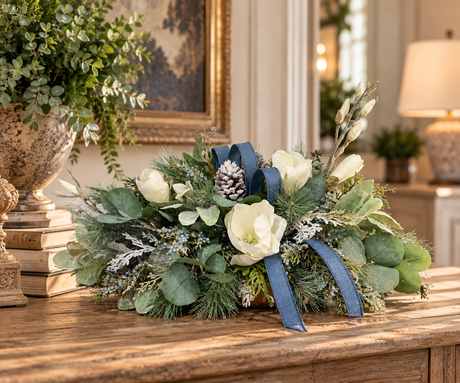 Designer Blue Magnolia Centerpiece | Pine Cedar Eucalyptus Arrangement | 24"Lx14"Hx16"W-2201 TCT Crafts Designs & Decor