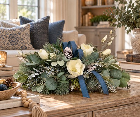 Designer Blue Magnolia Centerpiece | Pine Cedar Eucalyptus Arrangement | 24"Lx14"Hx16"W-2201 TCT Crafts Designs & Decor