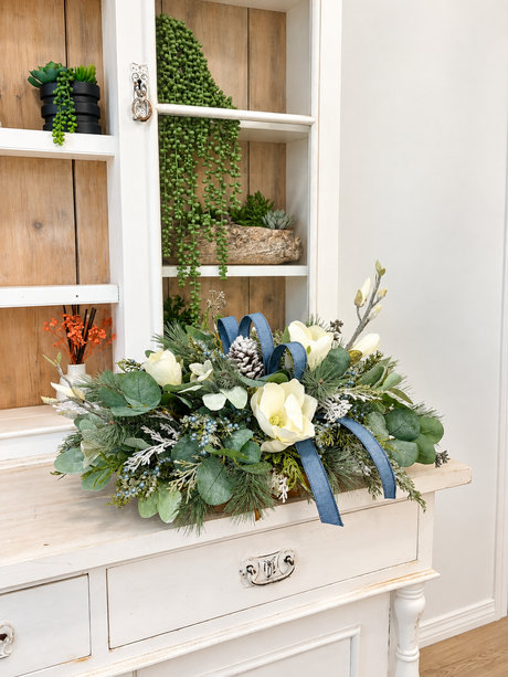 Designer Blue Magnolia Centerpiece | Pine Cedar Eucalyptus Arrangement | 24"Lx14"Hx16"W-2201 TCT Crafts Designs & Decor