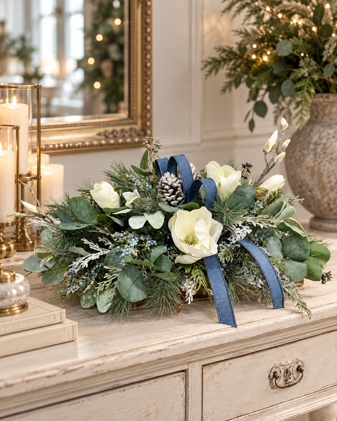 Designer Blue Magnolia Centerpiece | Pine Cedar Eucalyptus Arrangement | 24"Lx14"Hx16"W-2201 TCT Crafts Designs & Decor